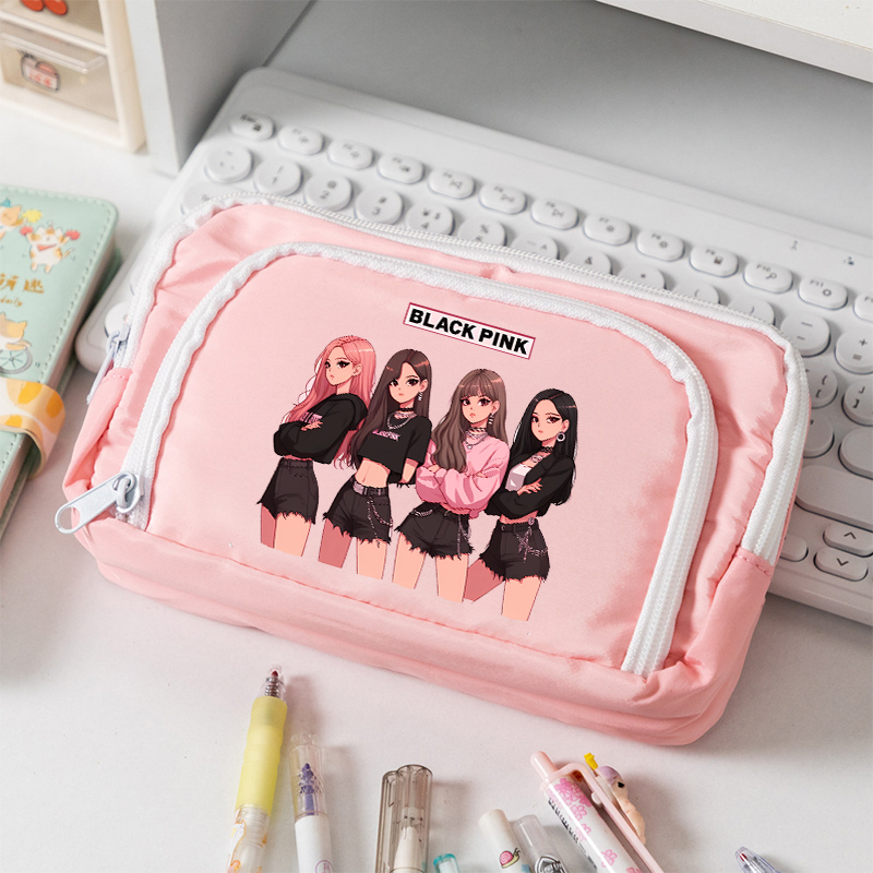 Case With Pencil Holder - BlackPink canvas etui met grote capaciteit