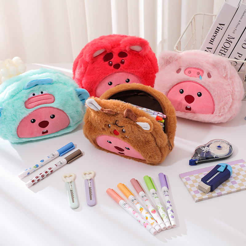 Case With Pencil Holder - Cartoon pluche potloodtas Student Kawaii opbergtas